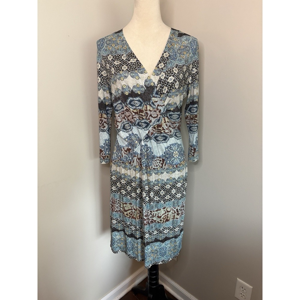 Riani Faux Wrap Dress Blue Green Multicolor Mosaic Print 3/4 Sleeve Size 10